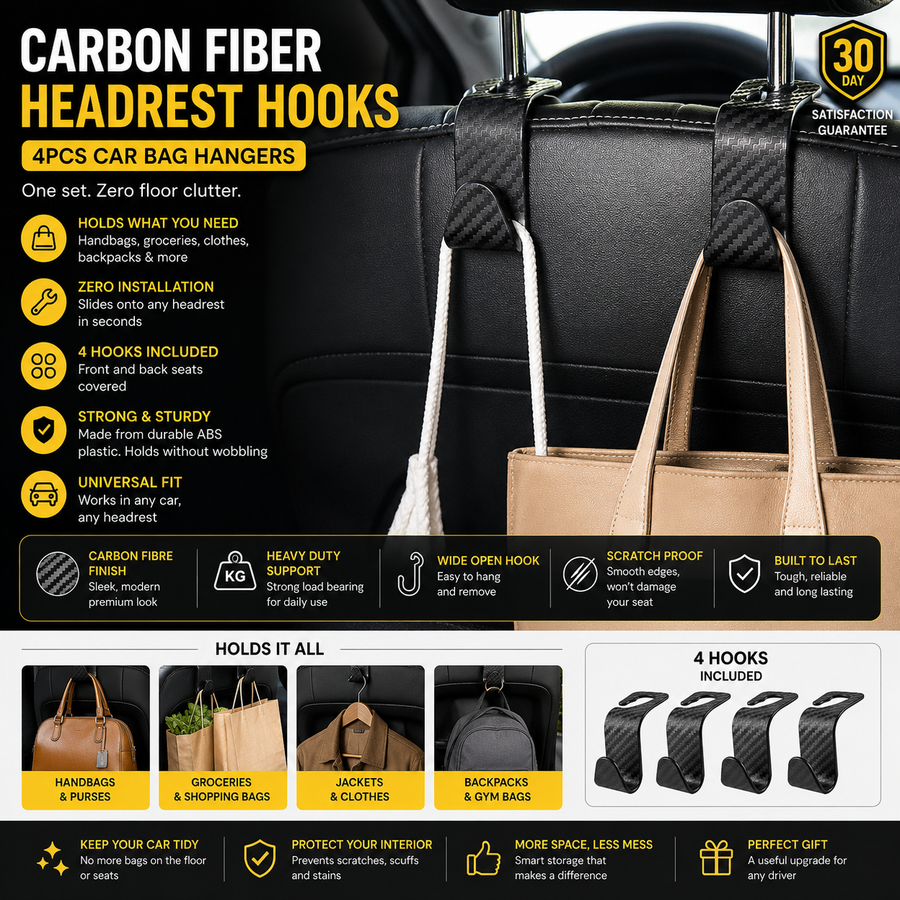 Carbon Fiber Headrest Hooks β 4PCS Car Bag Hangers
