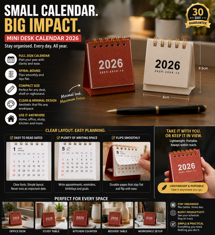 Mini Desk Calendar 2026 - Spiral Bound Desktop Calendar for Home Office & Study