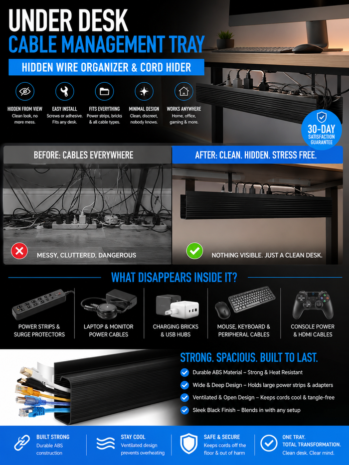 Under Desk Cable Management Tray – Hidden Wire Organizer & Cord Hider for Home Office & Gaming Setups