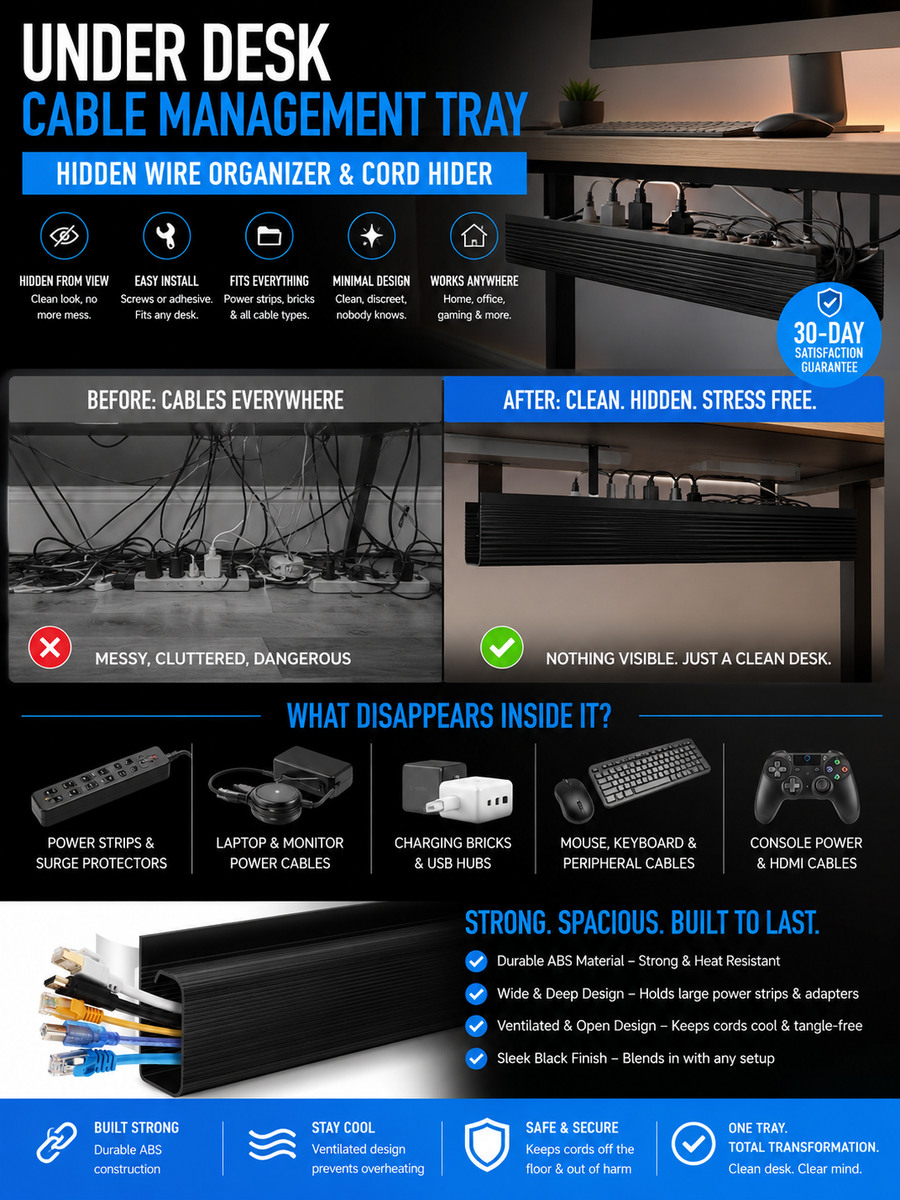 Under Desk Cable Management Tray โ Hidden Wire Organizer & Cord Hider for Home Office & Gaming Setups