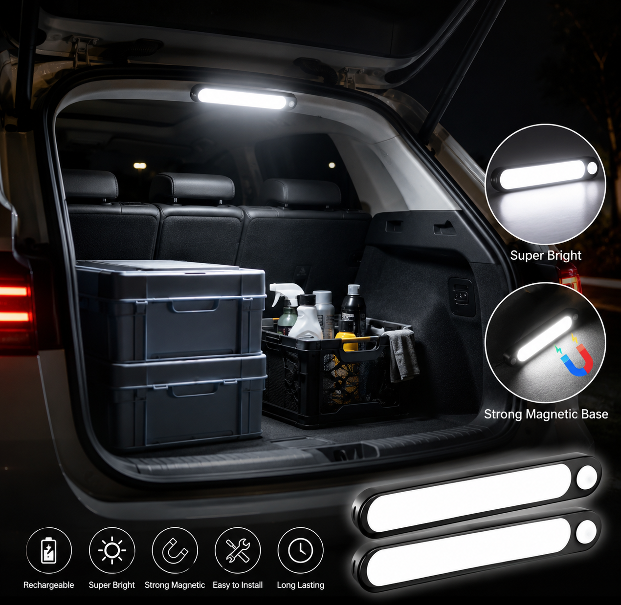 Motion Sensor Car Trunk LED Light — USB Rechargeable Magnetic Bar