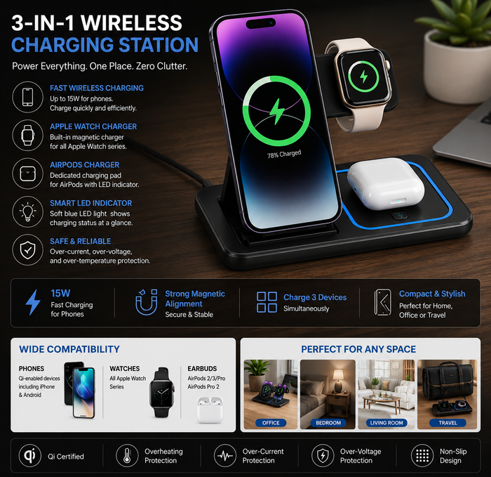3-in-1 Wireless Charging Station – Fast Charger for iPhone, Apple Watch & AirPods
