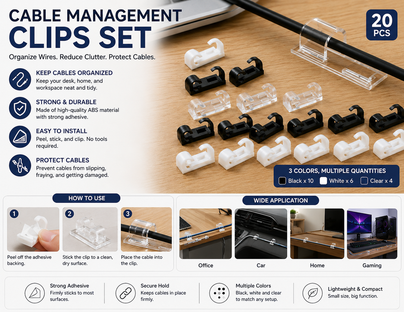 Clear Cable Clips – Self-Adhesive Wire Organizer for Desk, Car & Home | 5 / 20 / 40 / 60 Pack