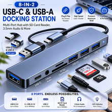 8-in-2 USB-C & USB-A Docking Station — Multi-Port Hub with SD Card Reader, 3.5mm Audio & More