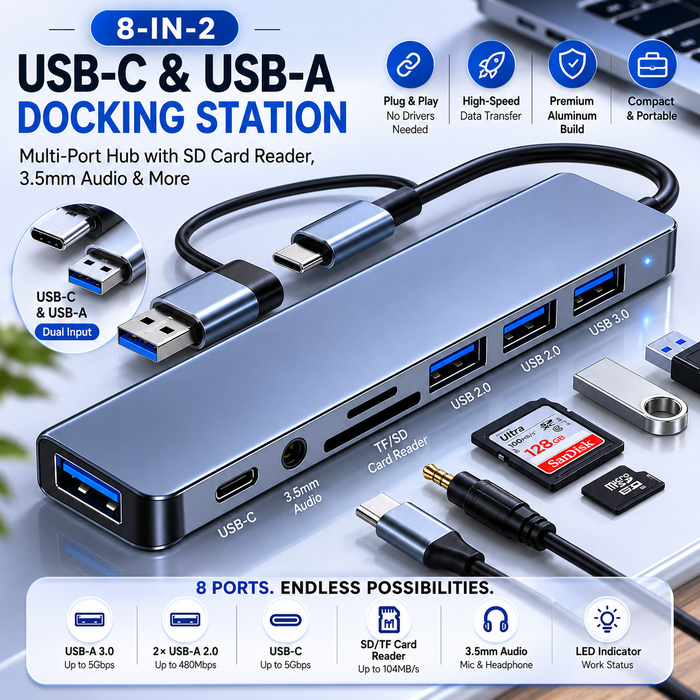 8-in-2 USB-C & USB-A Docking Station — Multi-Port Hub with SD Card Reader, 3.5mm Audio & More