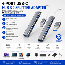 4-Port USB-C Hub 3.0 Splitter Adapter — OTG Multi-Port Expander for MacBook, Laptop & PC