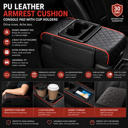PU Leather Armrest Cushion — Console Pad with Cup Holders