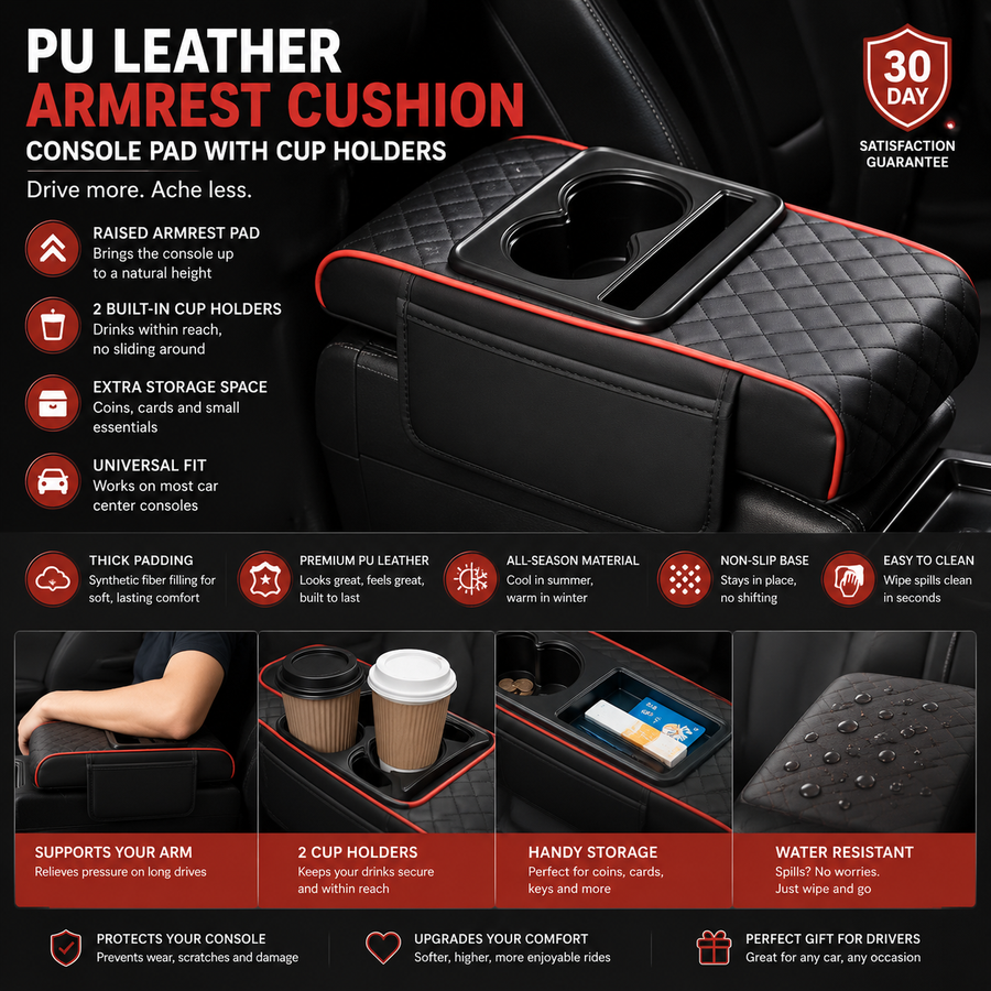 PU Leather Armrest Cushion — Console Pad with Cup Holders