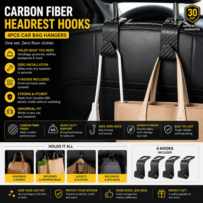 Carbon Fiber Headrest Hooks — 4PCS Car Bag Hangers