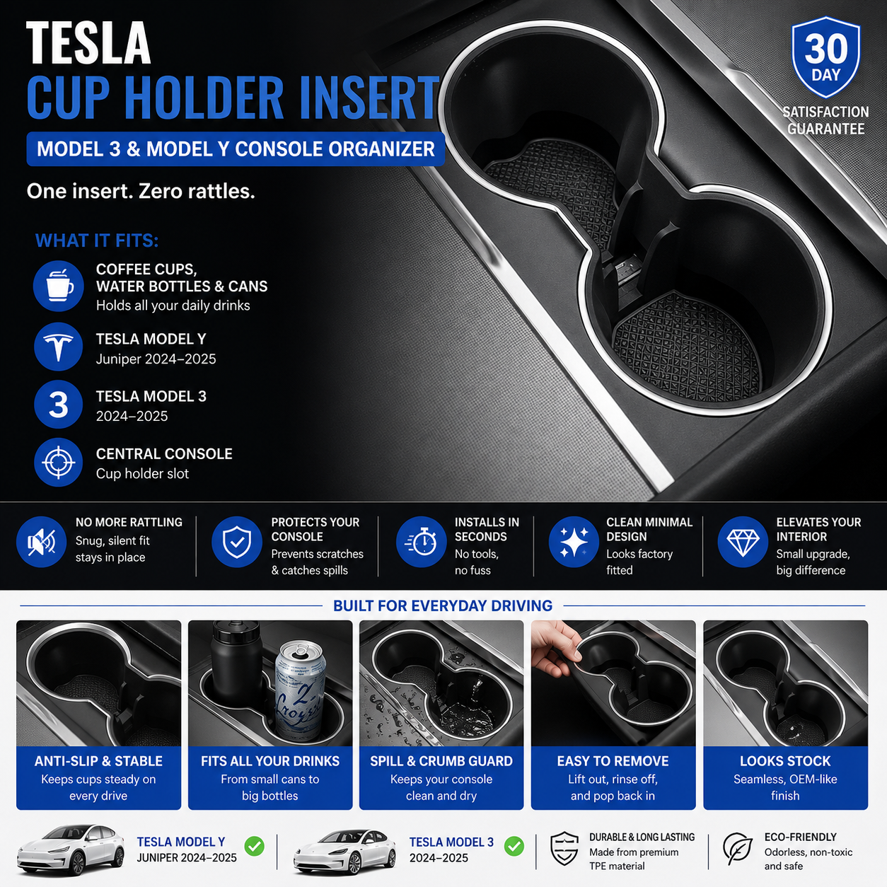 Tesla Cup Holder Insert — Model 3 & Model Y Console Organizer