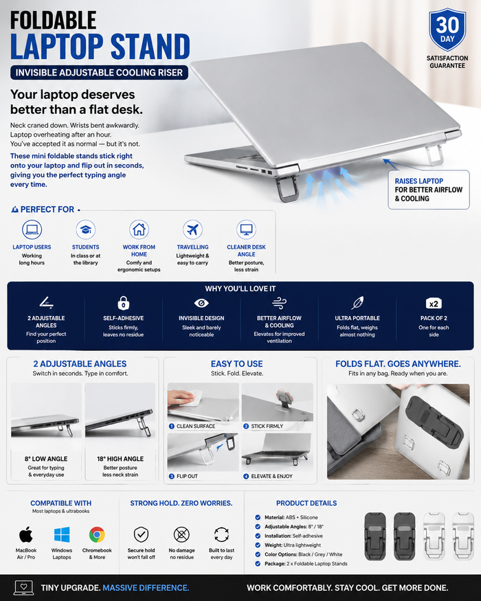 Foldable Laptop Stand — Invisible Adjustable Cooling Riser