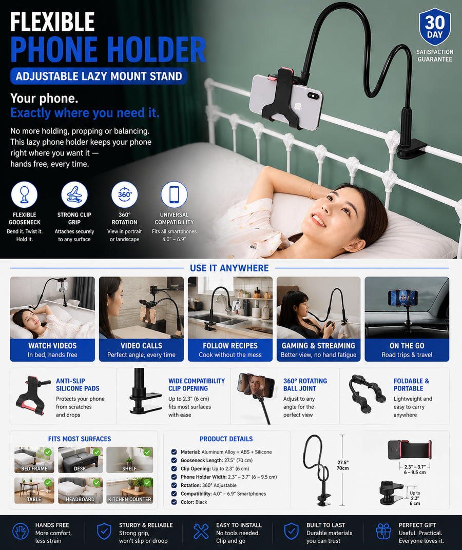 Flexible Phone Holder — Adjustable Lazy Mount Stand