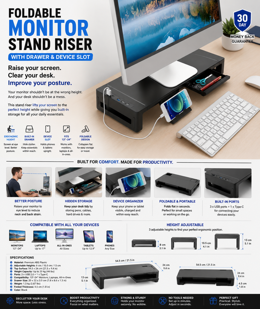 Foldable Monitor Stand Riser — Adjustable Desk Shelf with Drawer