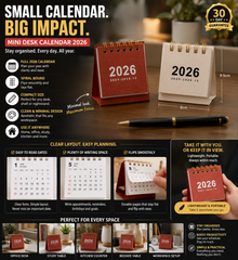 Mini Desk Calendar 2026 - Spiral Bound Desktop Calendar for Home Office & Study