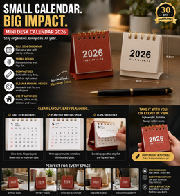 Mini Desk Calendar 2026 - Spiral Bound Desktop Calendar for Home Office & Study
