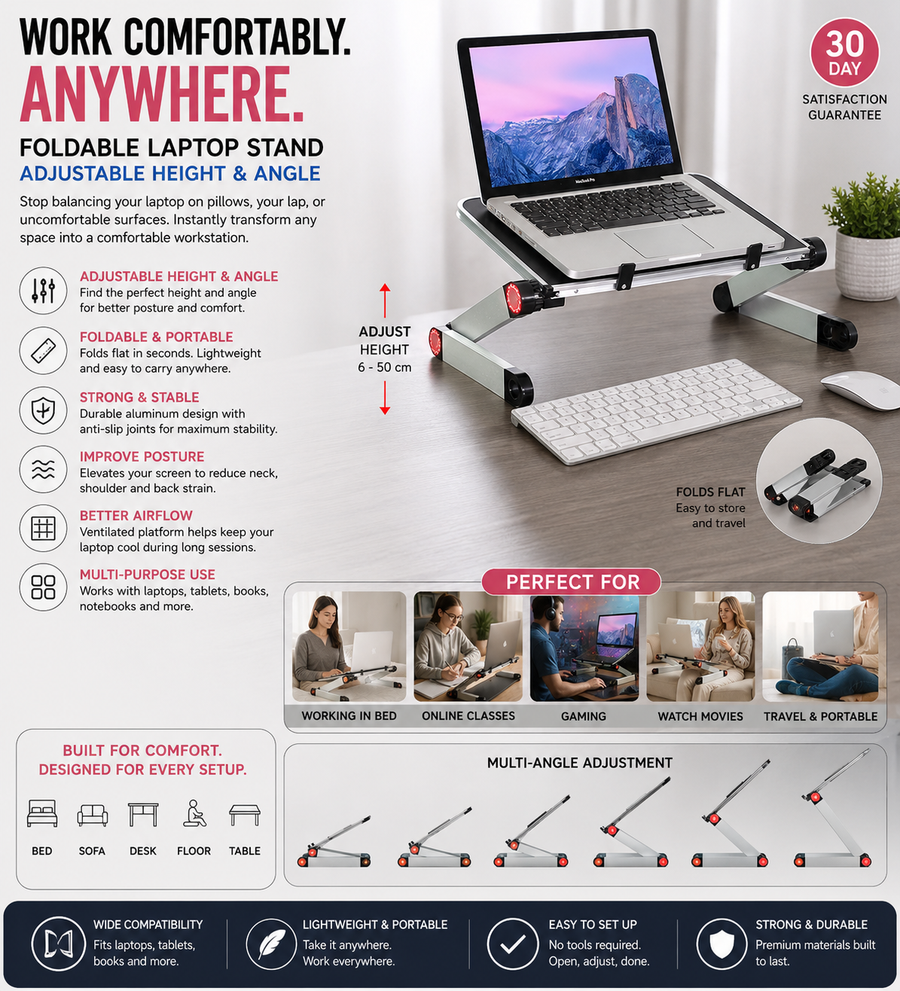 Foldable Laptop Stand — Adjustable Height & Angle for Bed, Sofa & Desk
