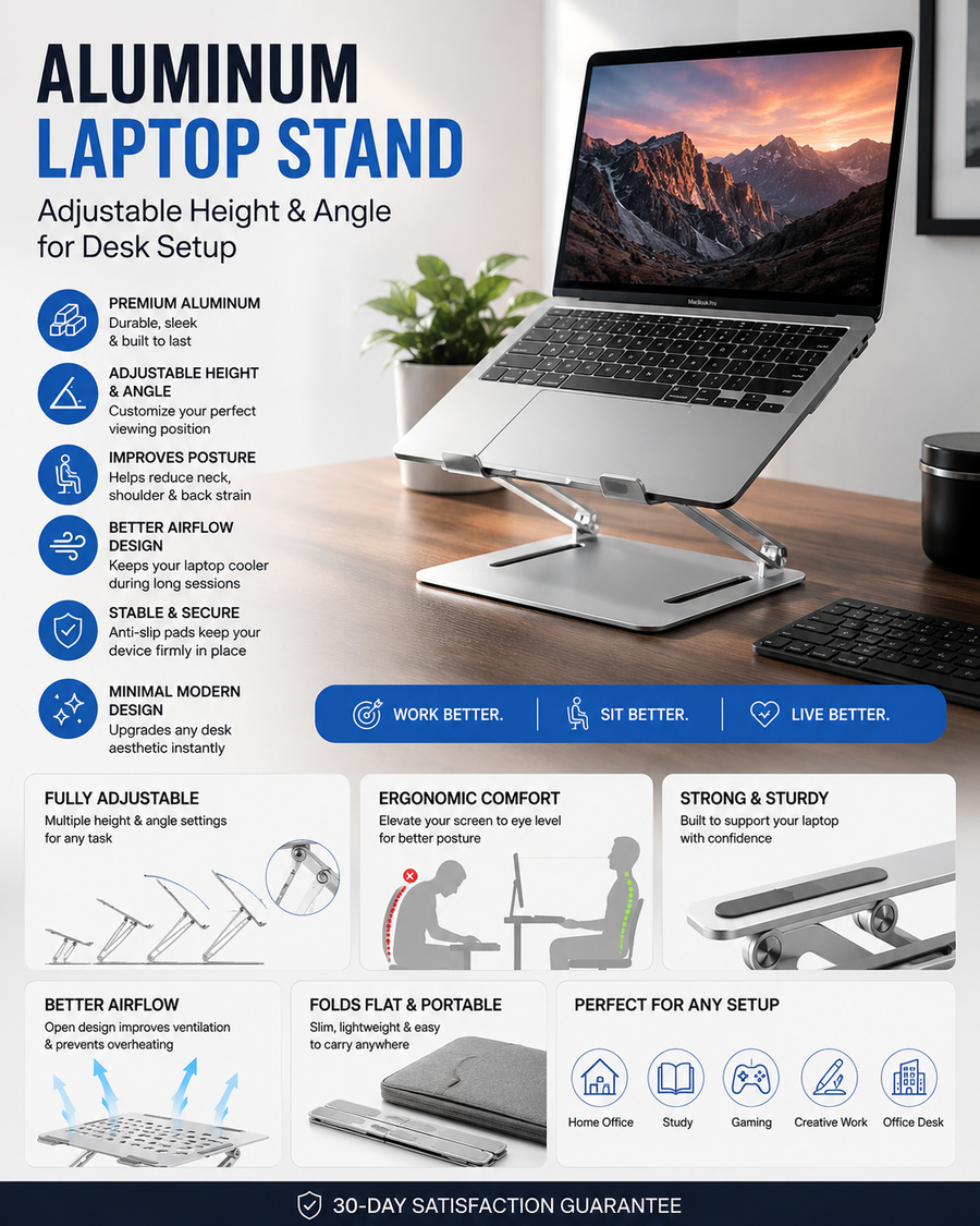 Aluminum Laptop Stand — Adjustable Height & Angle for Desk Setup