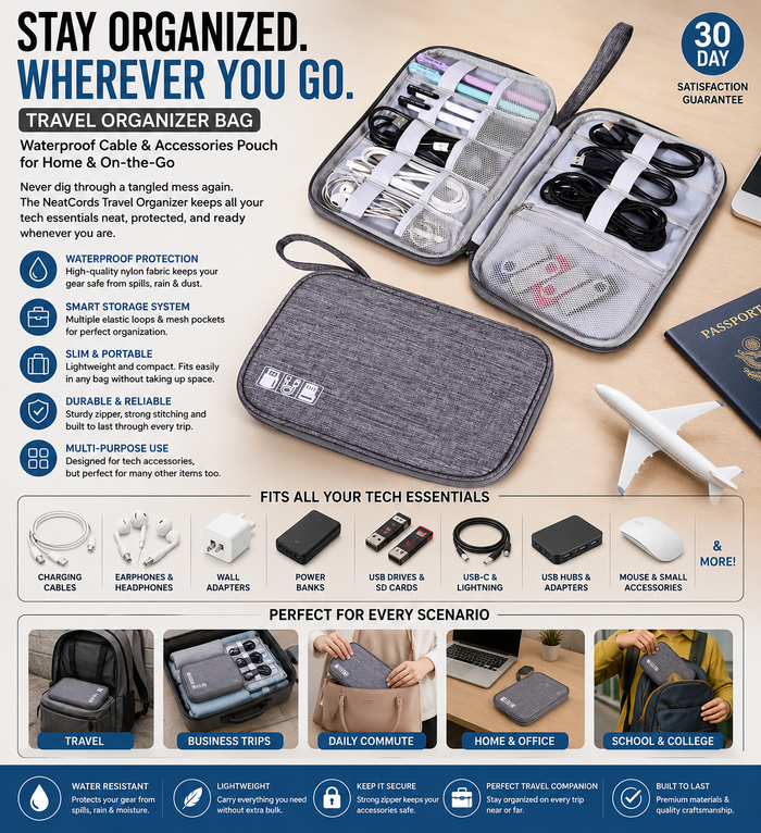 Travel Organizer Bag – Waterproof Cable & Accessories Pouch for Home & On-the-Go