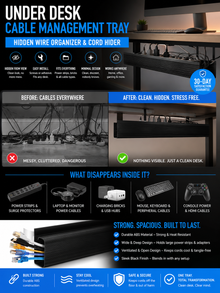 Under Desk Cable Management Tray – Hidden Wire Organizer & Cord Hider for Home Office & Gaming Setups