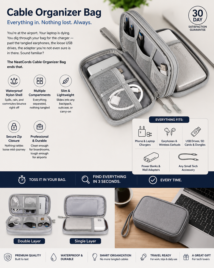 Cable Organizer Bag – Waterproof Travel Case for Chargers, USB Cables & Tech Accessories