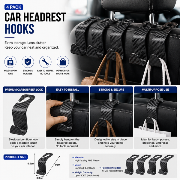 Carbon Fiber Headrest Hooks — 4PCS Car Bag Hangers