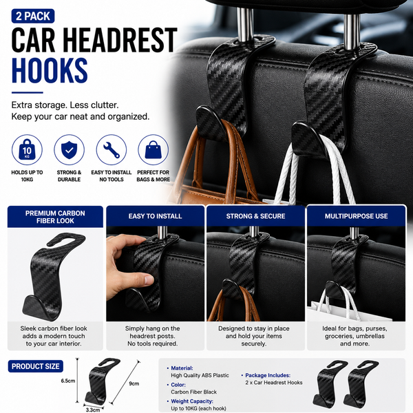Carbon Fiber Headrest Hooks — 4PCS Car Bag Hangers