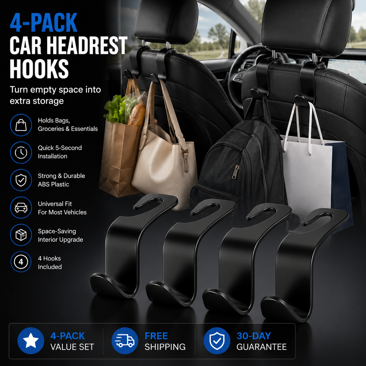 Carbon Fiber Headrest Hooks — 4PCS Car Bag Hangers