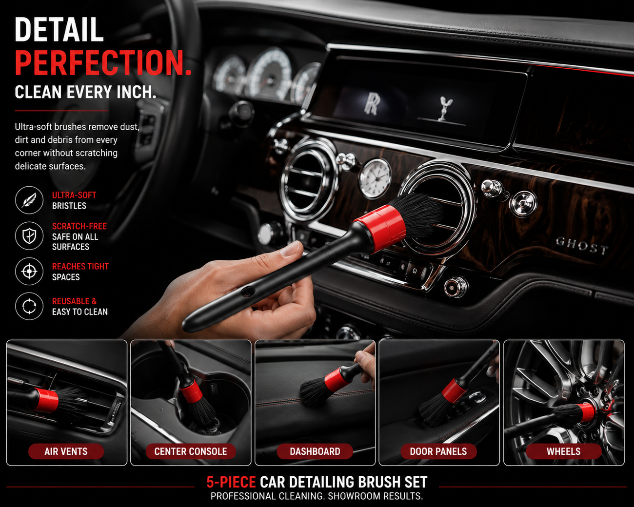 5-Piece Car Detailing Brush Set – Interior, Dashboard, Air Vents, Wheels & Trim Cleaning
