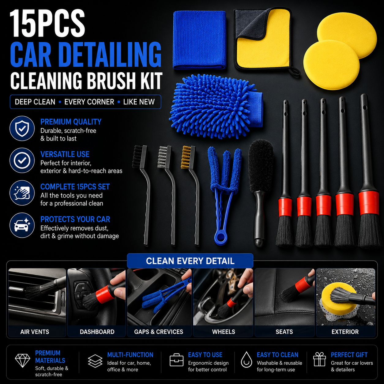 Premium Car Detailing Brush Set – Interior Cleaning Brushes for Air Vents, Dashboard, Wheels & Tight Gaps