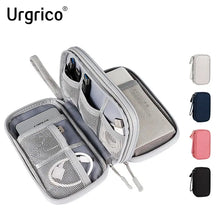 Gray travel organizer with compartments, featuring Urgrico branding.