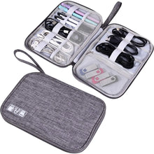 Gray travel case with compartments for electronic cables and chargers on a white background